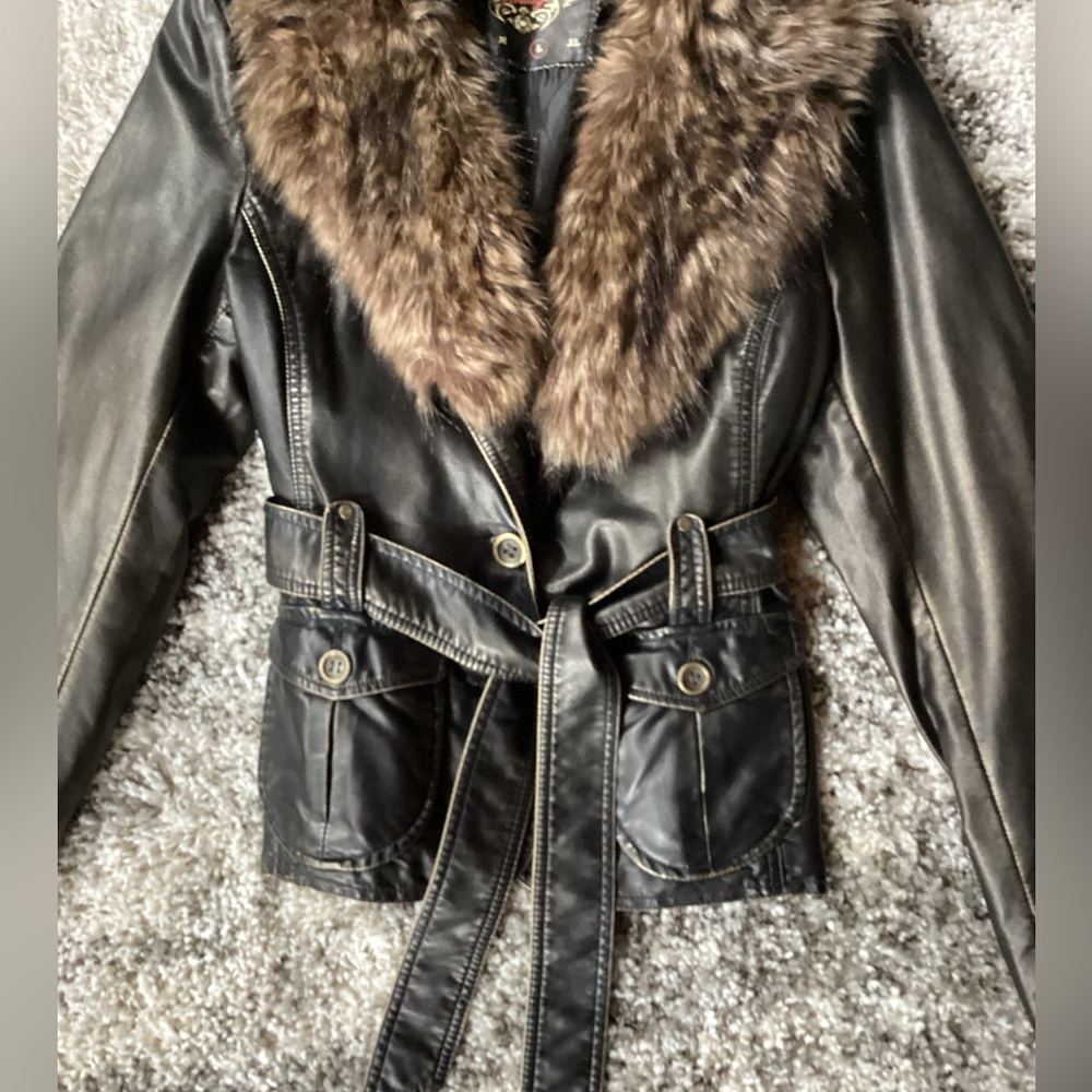 Big Chill Vintage  Brown Leather Jacket with Brown Faux Fur - Picture 3 of 10